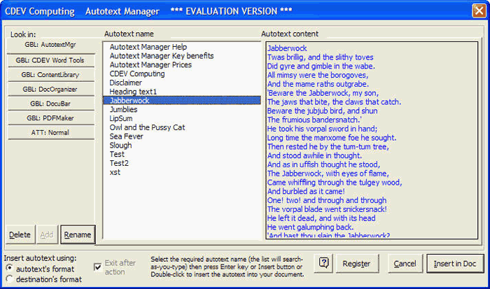 Autotext Manager dialog